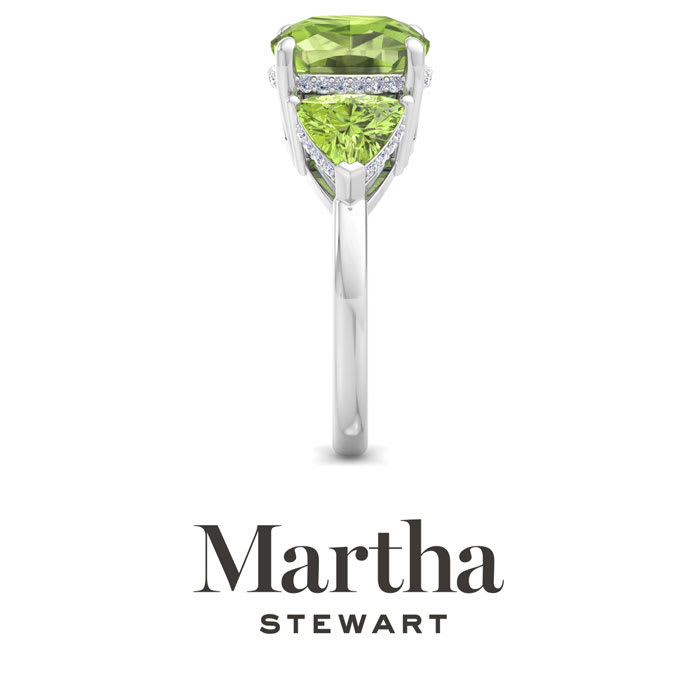 Martha Stewart 8 Carat Cushion Peridot and Lab Grown Diamond Three Stone Plus Ring In Sterling Silver
