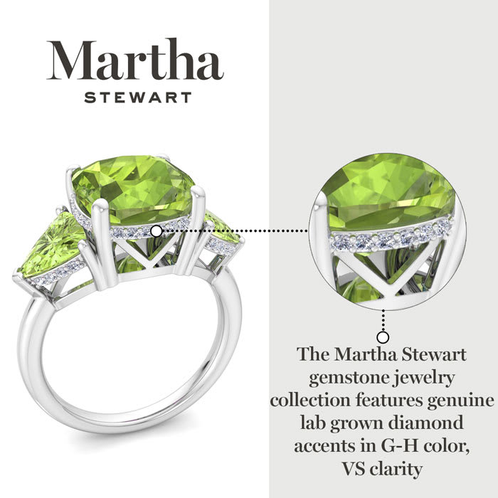 Martha Stewart 8 Carat Cushion Peridot and Lab Grown Diamond Three Stone Plus Ring In Sterling Silver