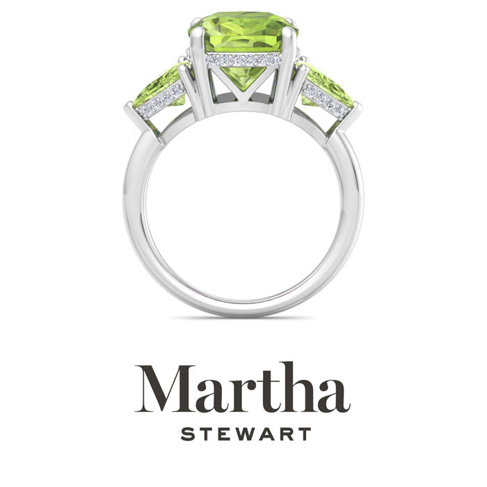 Martha Stewart 8 Carat Cushion Peridot and Lab Grown Diamond Three Stone Plus Ring In Sterling Silver