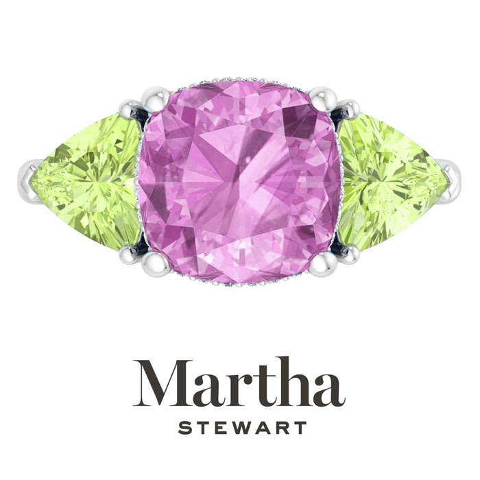 Martha Stewart 8 Carat Cushion Pink Sapphire, Peridot and Lab Grown Diamond Three Stone Plus Ring In Sterling Silver