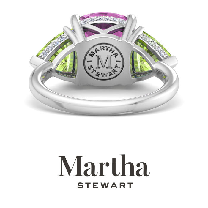 Martha Stewart 8 Carat Cushion Pink Sapphire, Peridot and Lab Grown Diamond Three Stone Plus Ring In Sterling Silver