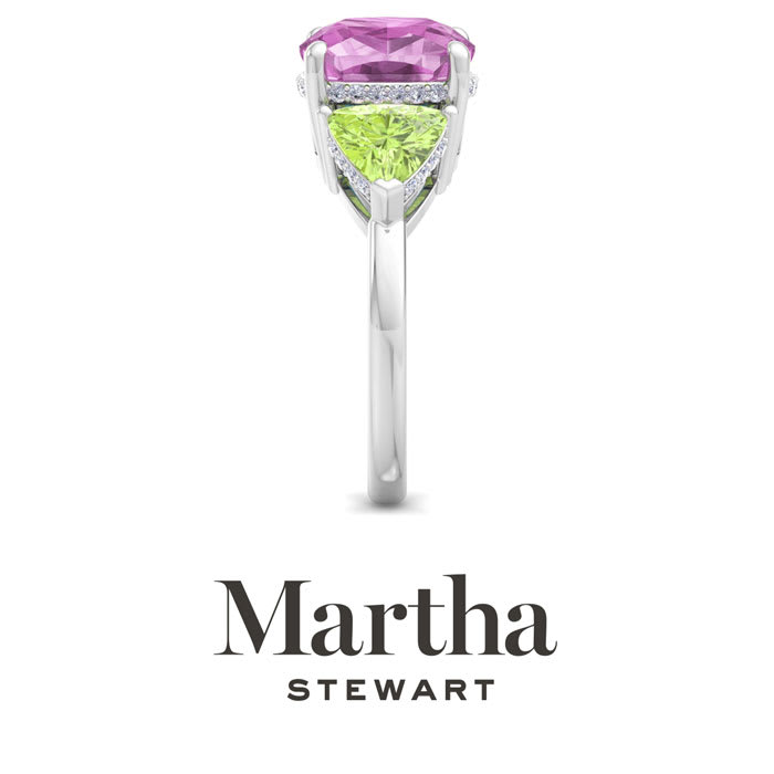 Martha Stewart 8 Carat Cushion Pink Sapphire, Peridot and Lab Grown Diamond Three Stone Plus Ring In Sterling Silver