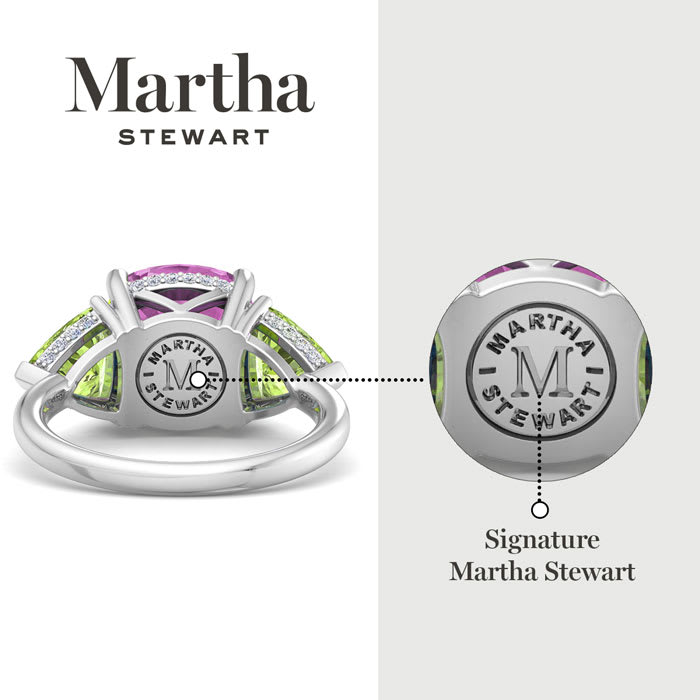 Martha Stewart 8 Carat Cushion Pink Sapphire, Peridot and Lab Grown Diamond Three Stone Plus Ring In Sterling Silver