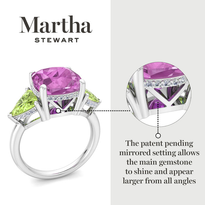 Martha Stewart 8 Carat Cushion Pink Sapphire, Peridot and Lab Grown Diamond Three Stone Plus Ring In Sterling Silver