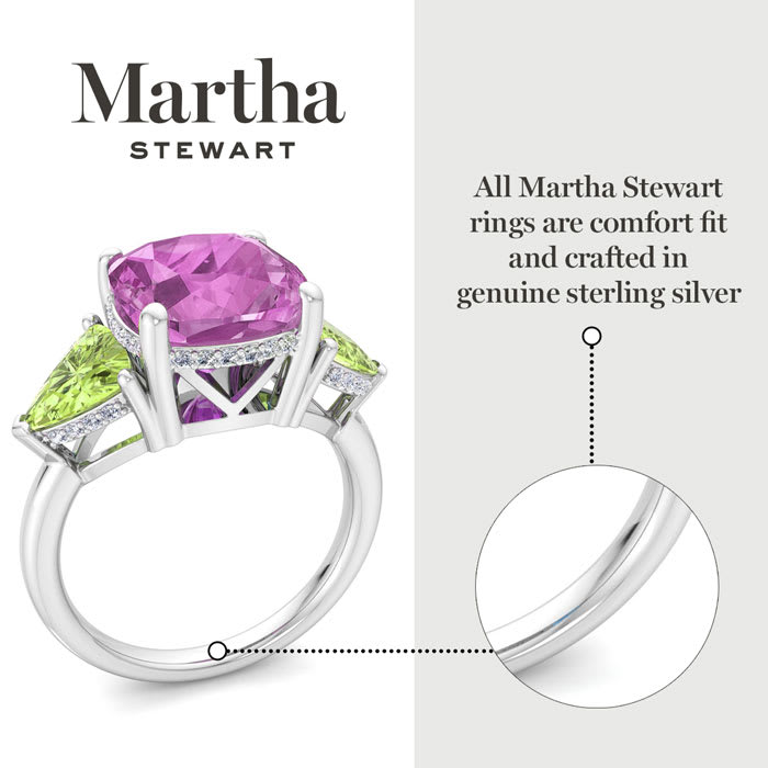 Martha Stewart 8 Carat Cushion Pink Sapphire, Peridot and Lab Grown Diamond Three Stone Plus Ring In Sterling Silver