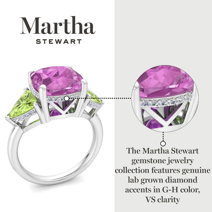Martha Stewart 8 Carat Cushion Pink Sapphire, Peridot and Lab Grown Diamond Three Stone Plus Ring In Sterling Silver