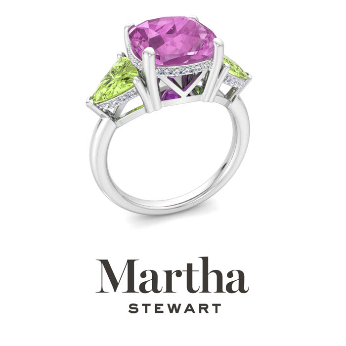 Martha Stewart 8 Carat Cushion Pink Sapphire, Peridot and Lab Grown Diamond Three Stone Plus Ring In Sterling Silver