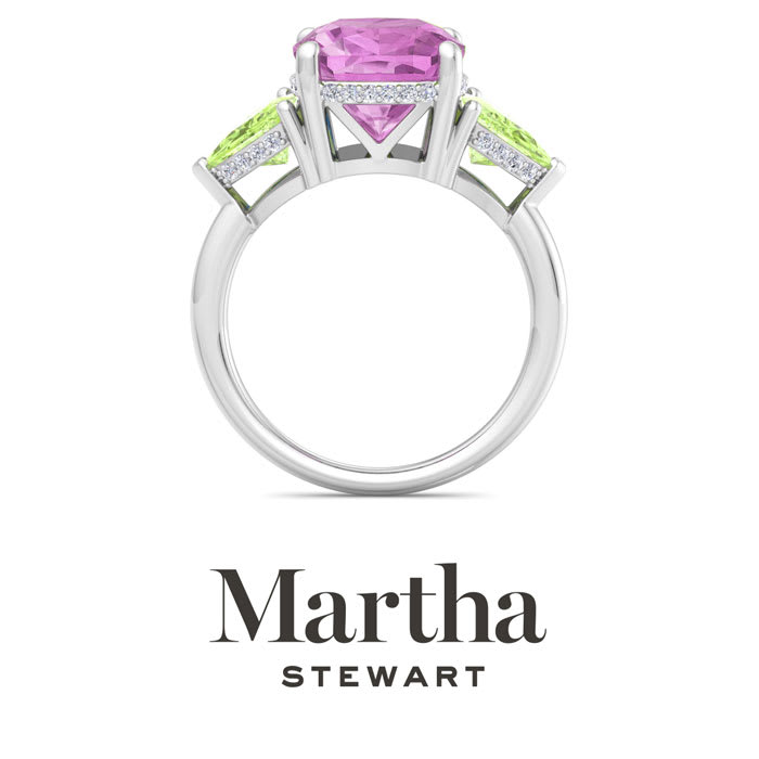 Martha Stewart 8 Carat Cushion Pink Sapphire, Peridot and Lab Grown Diamond Three Stone Plus Ring In Sterling Silver
