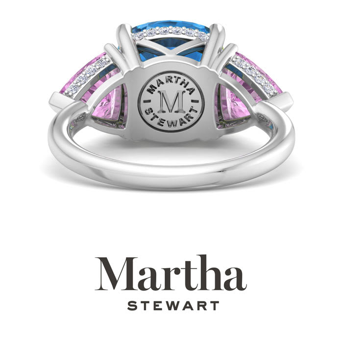 Martha Stewart 8 Carat Cushion Blue Topaz, Pink Sapphire and Lab Grown Diamond Three Stone Plus Ring In Sterling Silver
