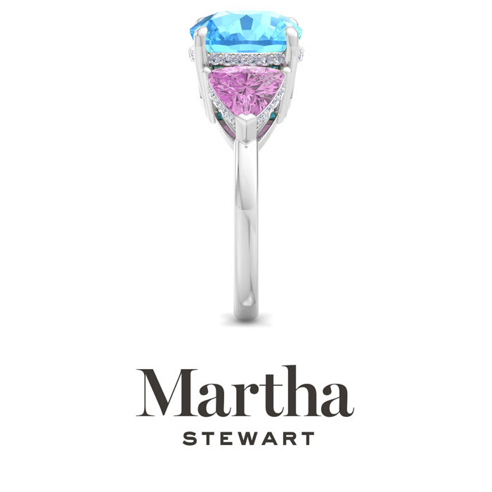 Martha Stewart 8 Carat Cushion Blue Topaz, Pink Sapphire and Lab Grown Diamond Three Stone Plus Ring In Sterling Silver