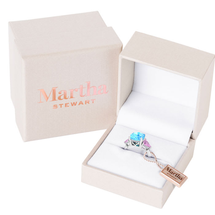 Martha Stewart 8 Carat Cushion Blue Topaz, Pink Sapphire and Lab Grown Diamond Three Stone Plus Ring In Sterling Silver