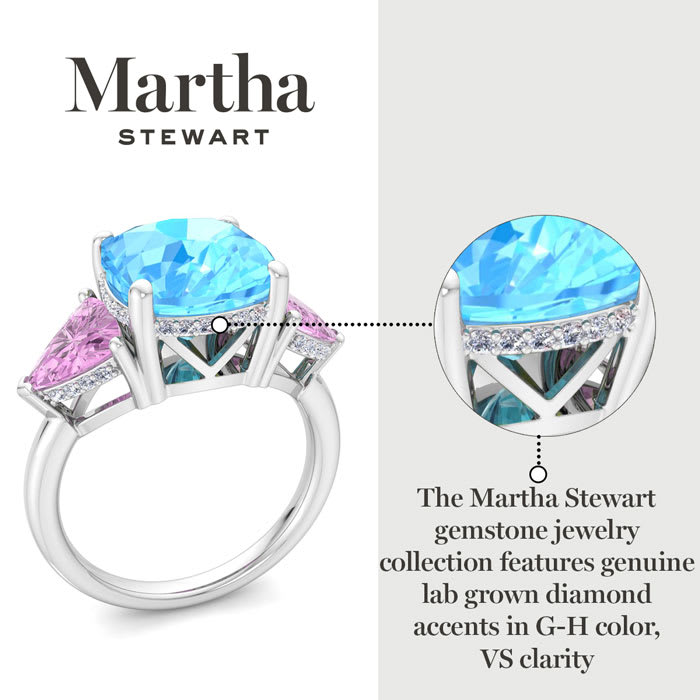 Martha Stewart 8 Carat Cushion Blue Topaz, Pink Sapphire and Lab Grown Diamond Three Stone Plus Ring In Sterling Silver