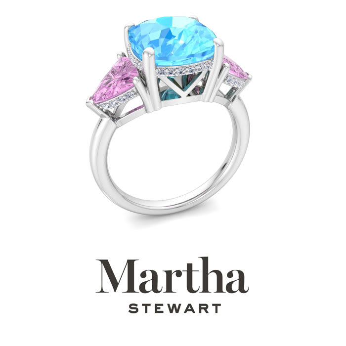 Martha Stewart 8 Carat Cushion Blue Topaz, Pink Sapphire and Lab Grown Diamond Three Stone Plus Ring In Sterling Silver