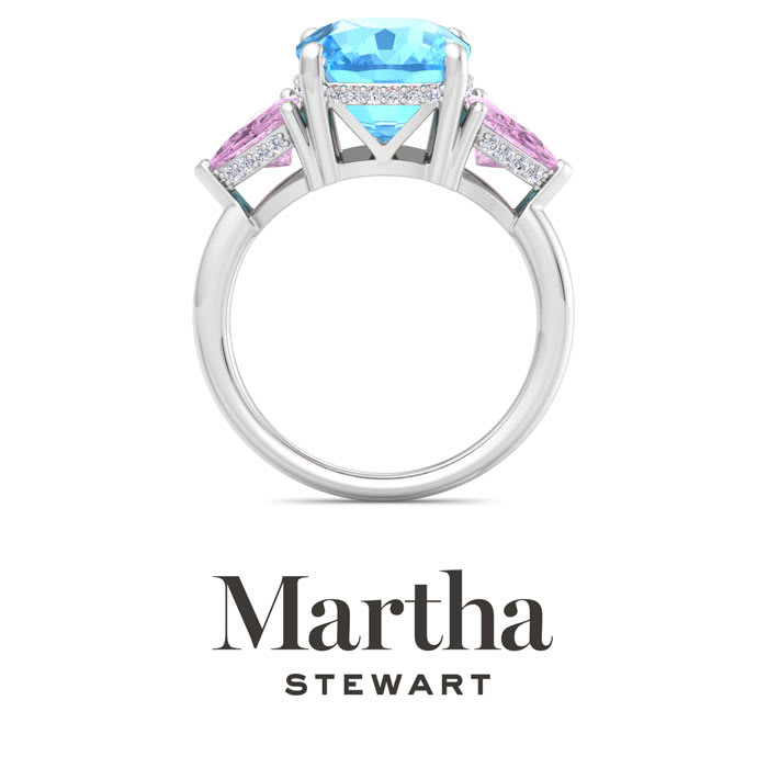 Martha Stewart 8 Carat Cushion Blue Topaz, Pink Sapphire and Lab Grown Diamond Three Stone Plus Ring In Sterling Silver