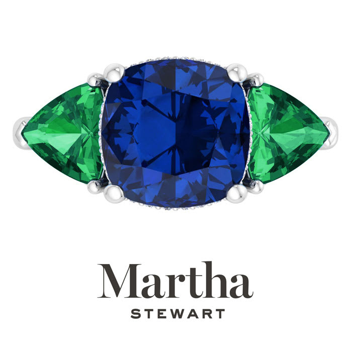 Martha Stewart 8 Carat Cushion Sapphire, Emerald and Lab Grown Diamond Three Stone Plus Ring In Sterling Silver