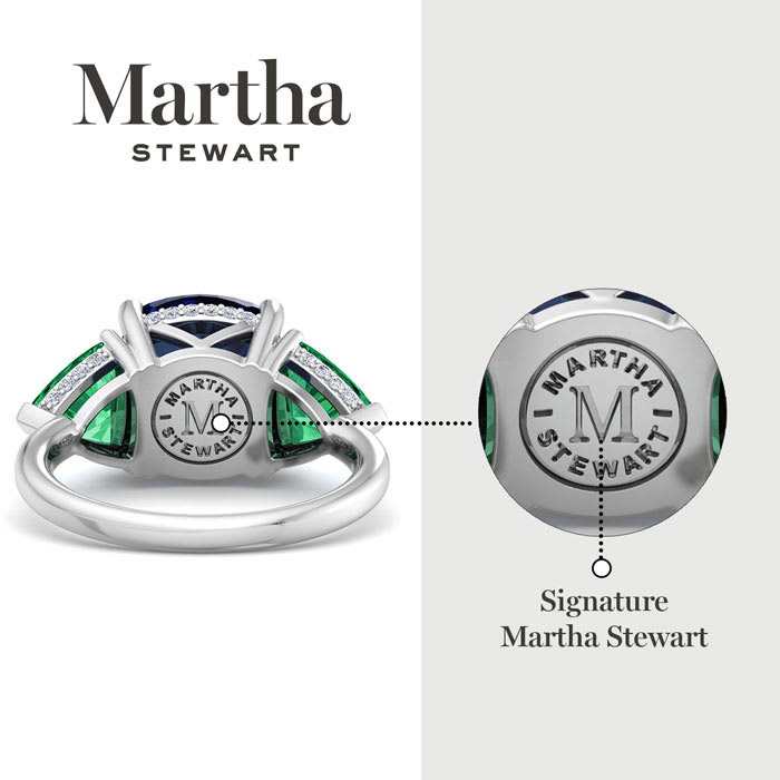 Martha Stewart 8 Carat Cushion Sapphire, Emerald and Lab Grown Diamond Three Stone Plus Ring In Sterling Silver