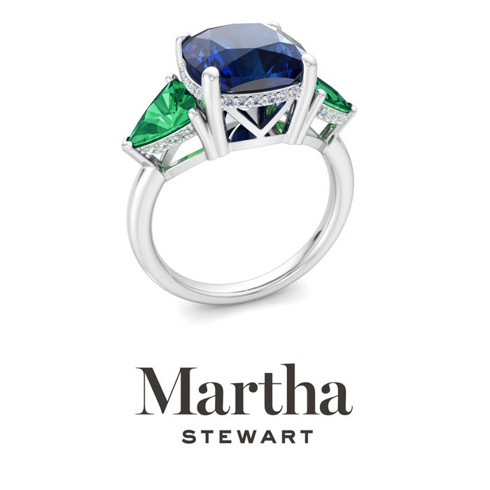 Martha Stewart 8 Carat Cushion Sapphire, Emerald and Lab Grown Diamond Three Stone Plus Ring In Sterling Silver