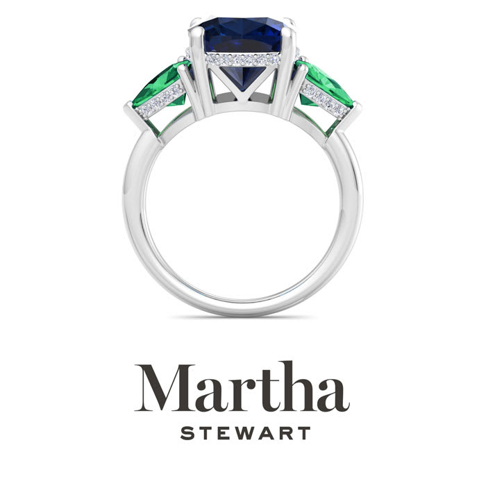 Martha Stewart 8 Carat Cushion Sapphire, Emerald and Lab Grown Diamond Three Stone Plus Ring In Sterling Silver