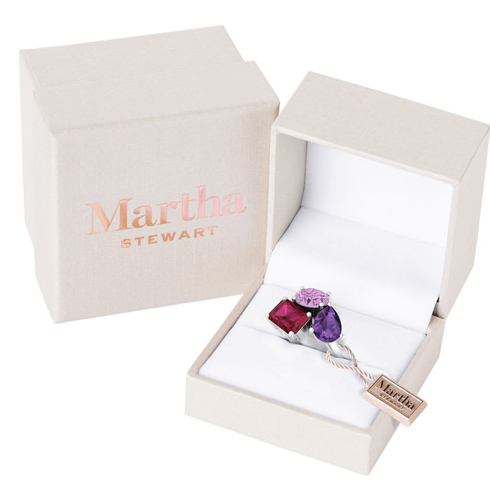 Martha Stewart 3 3/4 Carat Pink Sapphire, Amethyst and Ruby Three Stone Cluster Ring In Sterling Silver