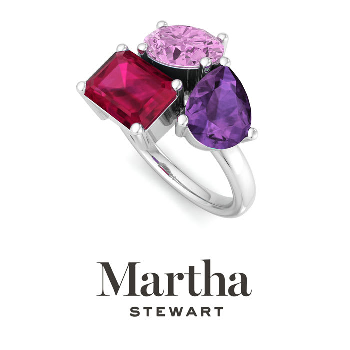 Martha Stewart 3 3/4 Carat Pink Sapphire, Amethyst and Ruby Three Stone Cluster Ring In Sterling Silver