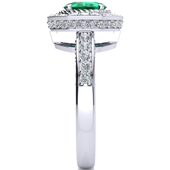 Estate Jewelry 1-2/3 Carat Oval Shape Emerald and Halo Diamond Ring In 14 Karat White Gold , Size 7.5