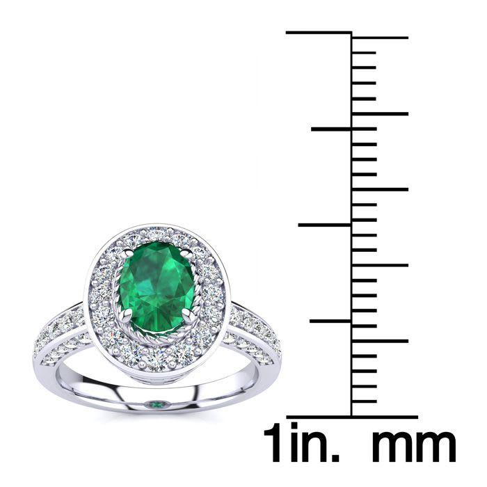 Estate Jewelry 1-2/3 Carat Oval Shape Emerald and Halo Diamond Ring In 14 Karat White Gold , Size 7.5