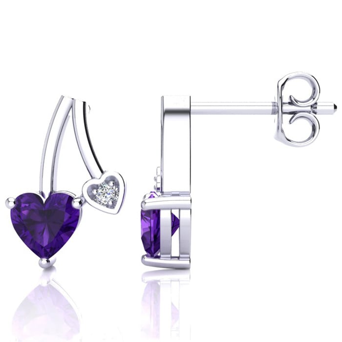 3/4ct Amethyst and Diamond Heart Earrings In 10k White Gold