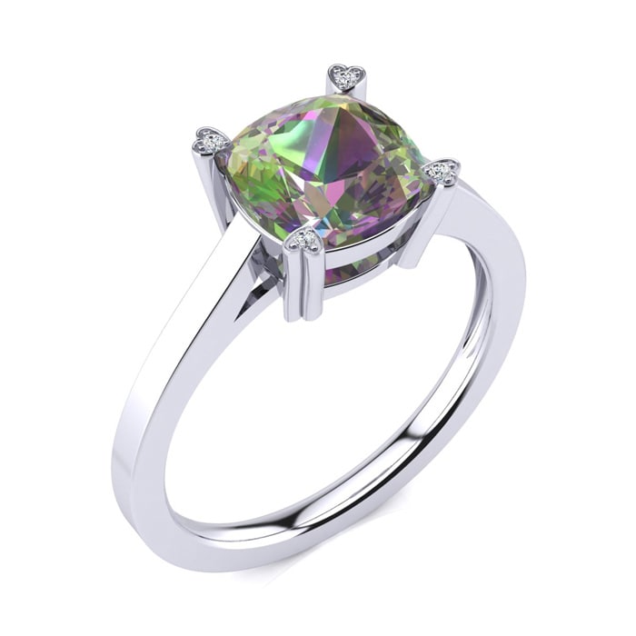 2 Carat Cushion Shape Mystic Topaz With Diamond Prongs in 10 Karat White Gold