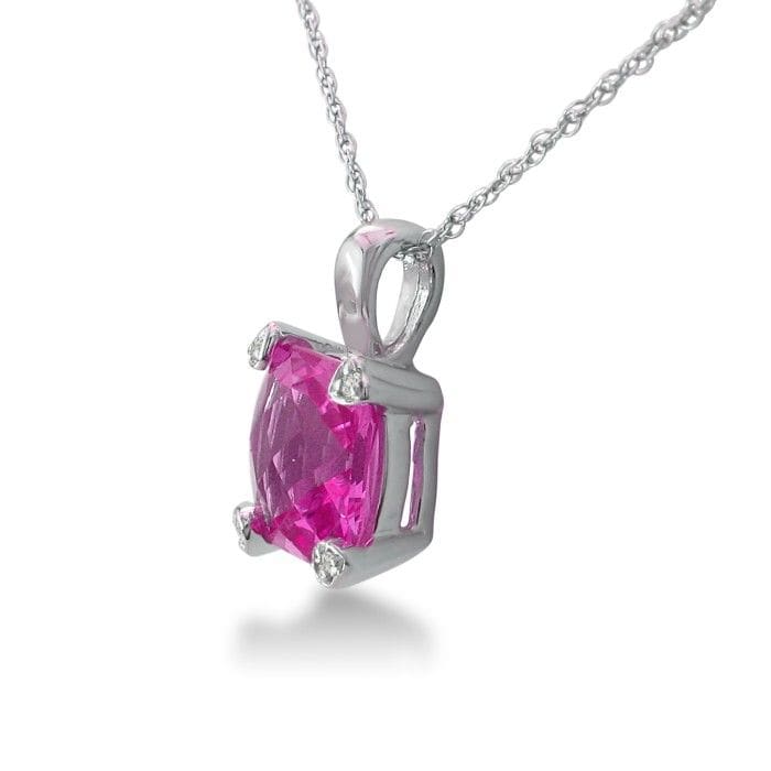 Pink Gemstones 2ct Cushion Pink Topaz and Diamond Pendant in 10k White Gold