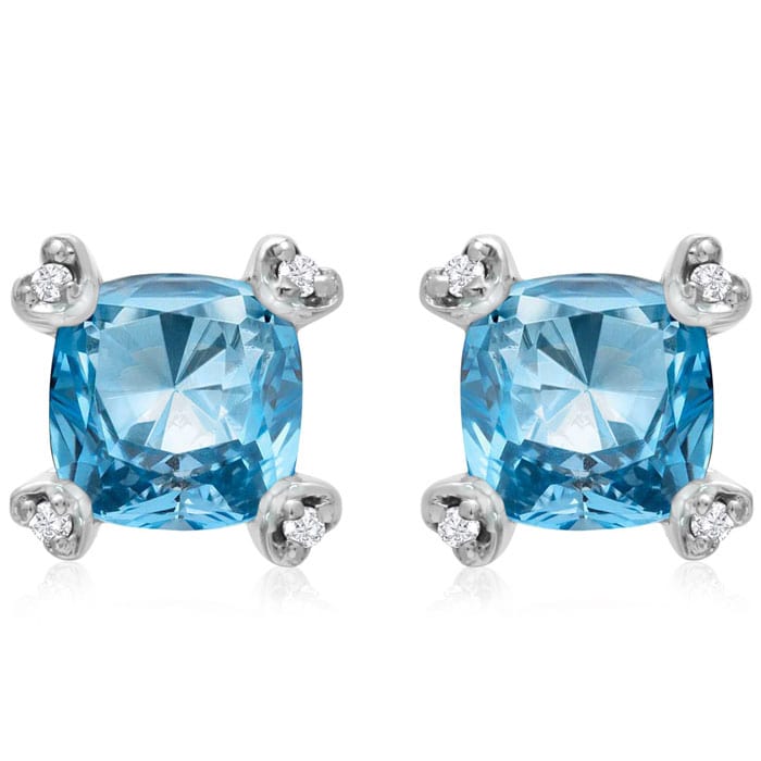 2ct Cushion Blue Topaz and Diamond Earrings in 10k White Gold