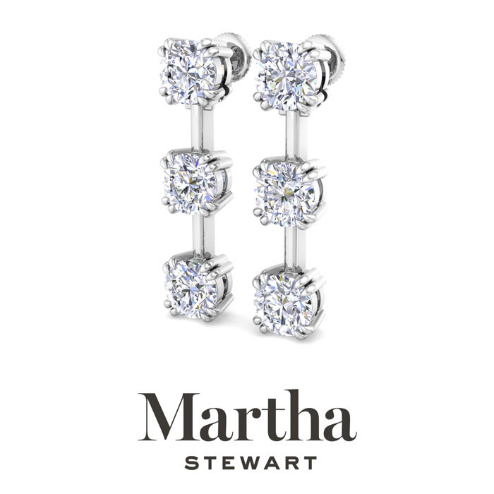 Martha Stewart 3 Carat Round Shape Lab Grown Diamond Drop Earrings In 14 Karat White Gold