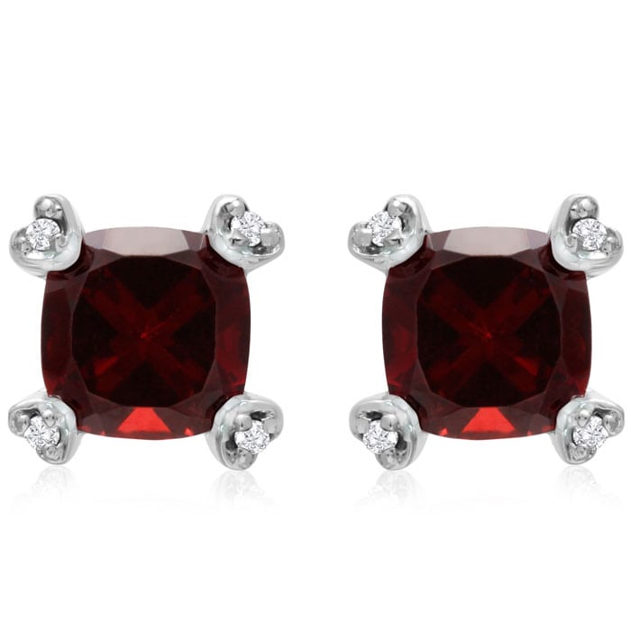 Garnet Earrings: Garnet Jewelry: 2ct Cushion Garnet and Diamond Earrings in 10k White Gold