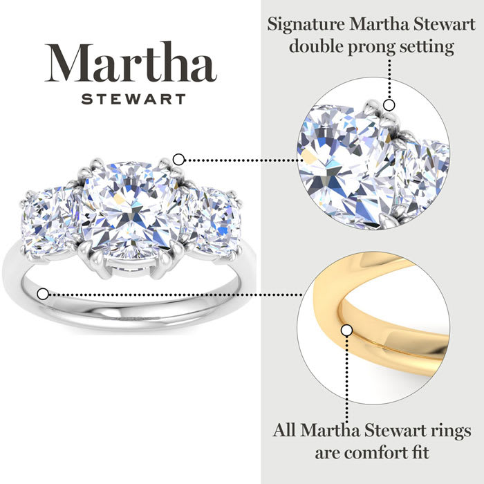 Martha Stewart 5 Carat Cushion Cut Lab Grown Diamond Three Stone Engagement Ring In 14K Yellow Gold