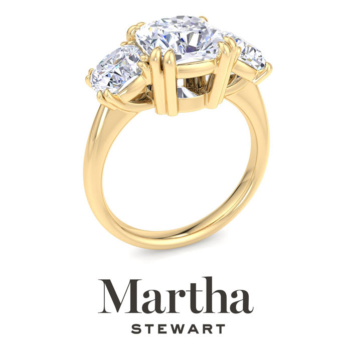 Martha Stewart 5 Carat Cushion Cut Lab Grown Diamond Three Stone Engagement Ring In 14K Yellow Gold