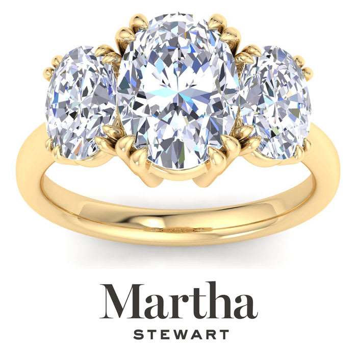 Martha Stewart 5 Carat Oval Shape Lab Grown Diamond Three Stone Engagement Ring In 14K Yellow Gold