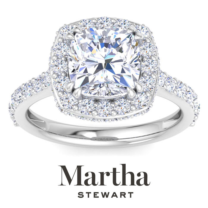 Martha Stewart 4 Carat Cushion Cut Lab Grown Diamond Hidden Halo Engagement Ring In 14K White Gold
