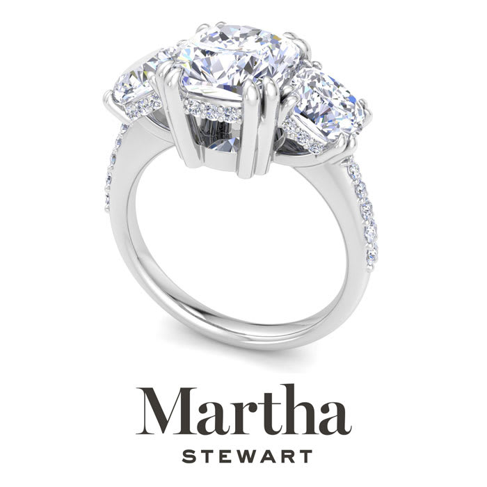 Martha Stewart 5 1/2 Carat Cushion Cut Lab Grown Diamond Three Stone Plus Engagement Ring In 14K White Gold