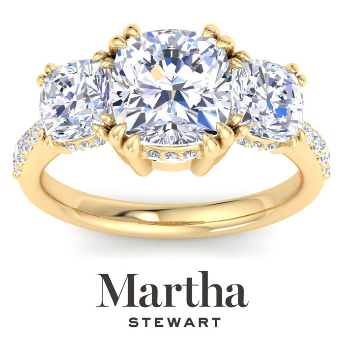 Martha Stewart 5 1/2 Carat Cushion Cut Lab Grown Diamond Three Stone Plus Engagement Ring In 14K Yellow Gold