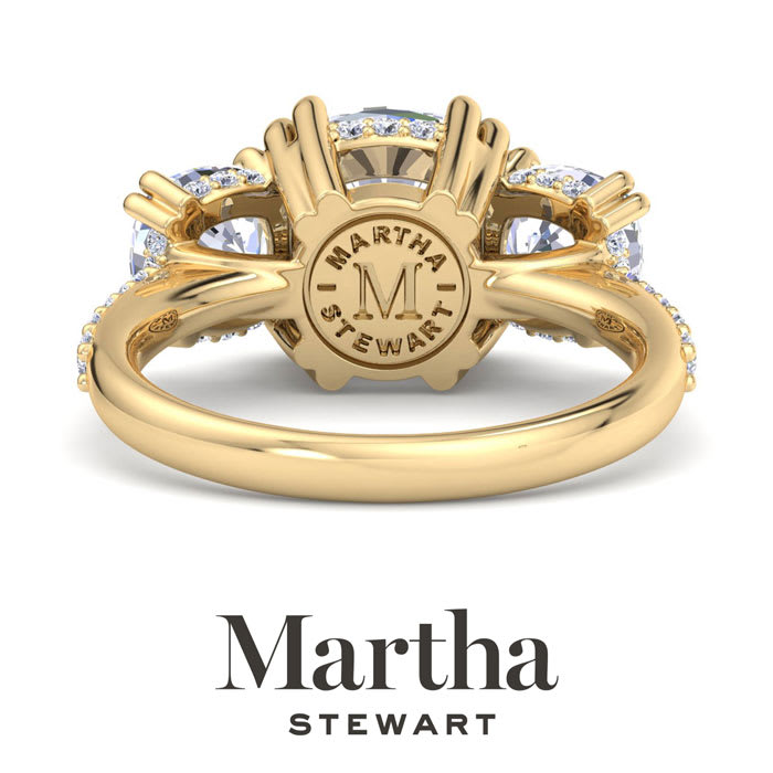 Martha Stewart 5 1/2 Carat Cushion Cut Lab Grown Diamond Three Stone Plus Engagement Ring In 14K Yellow Gold