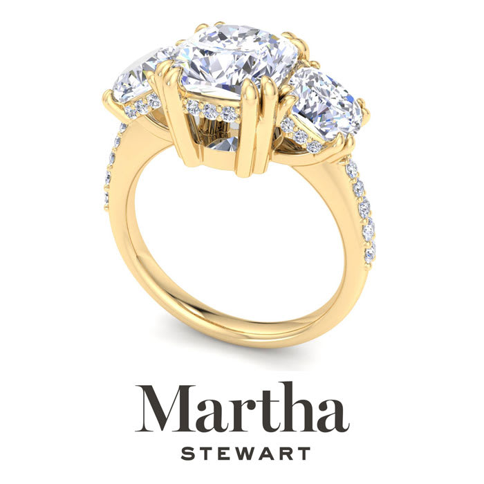 Martha Stewart 5 1/2 Carat Cushion Cut Lab Grown Diamond Three Stone Plus Engagement Ring In 14K Yellow Gold