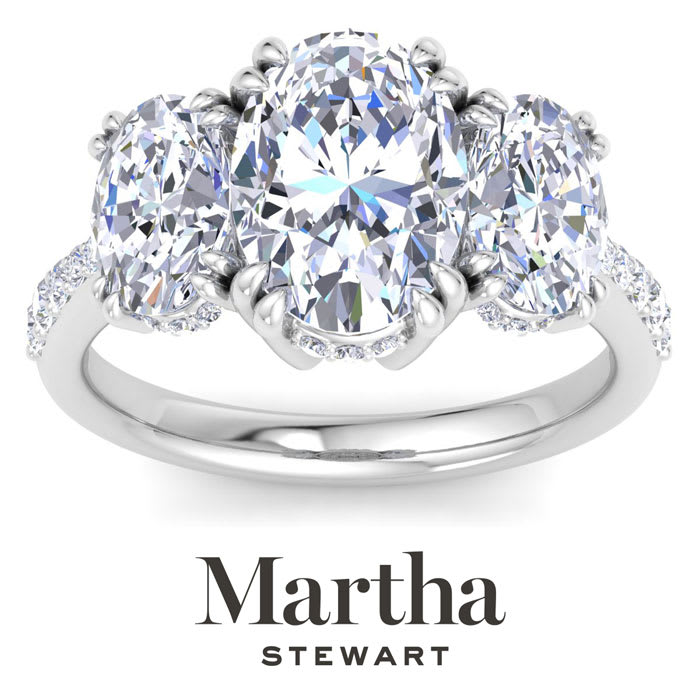 Martha Stewart 5 1/2 Carat Oval Shape Lab Grown Diamond Three Stone Plus Engagement Ring In 14K White Gold