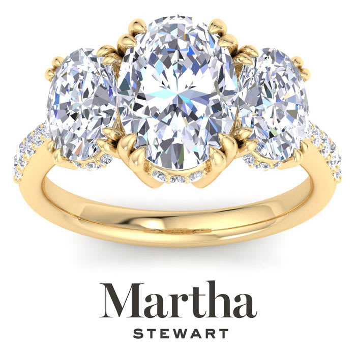 Martha Stewart 5 1/2 Carat Oval Shape Lab Grown Diamond Three Stone Plus Engagement Ring In 14K Yellow Gold