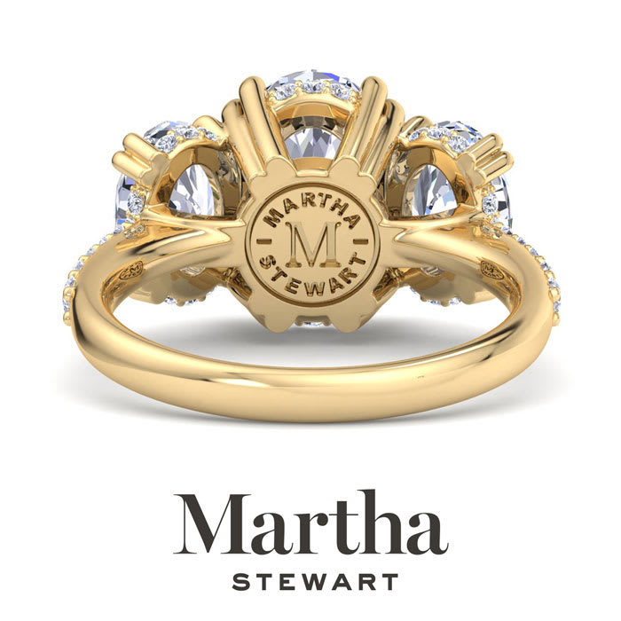 Martha Stewart 5 1/2 Carat Oval Shape Lab Grown Diamond Three Stone Plus Engagement Ring In 14K Yellow Gold