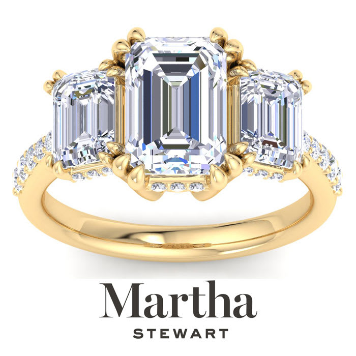 Martha Stewart 5 1/2 Carat Emerald Cut Lab Grown Diamond Three Stone Plus Engagement Ring In 14K Yellow Gold