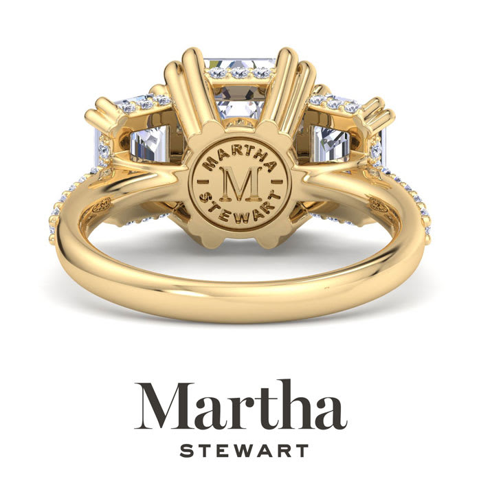 Martha Stewart 5 1/2 Carat Emerald Cut Lab Grown Diamond Three Stone Plus Engagement Ring In 14K Yellow Gold