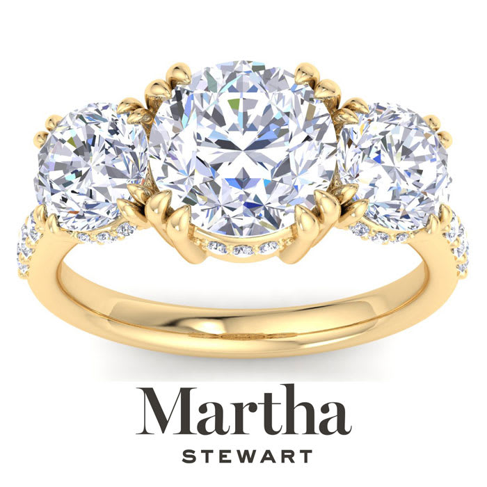 Martha Stewart 5 1/2 Carat Round Lab Grown Diamond Three Stone Plus Engagement Ring In 14K Yellow Gold