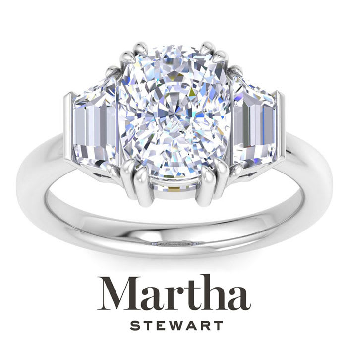 Martha Stewart 5 Carat Cushion Cut and Trapezoid Lab Grown Diamond Three Stone Engagement Ring In 14K White Gold