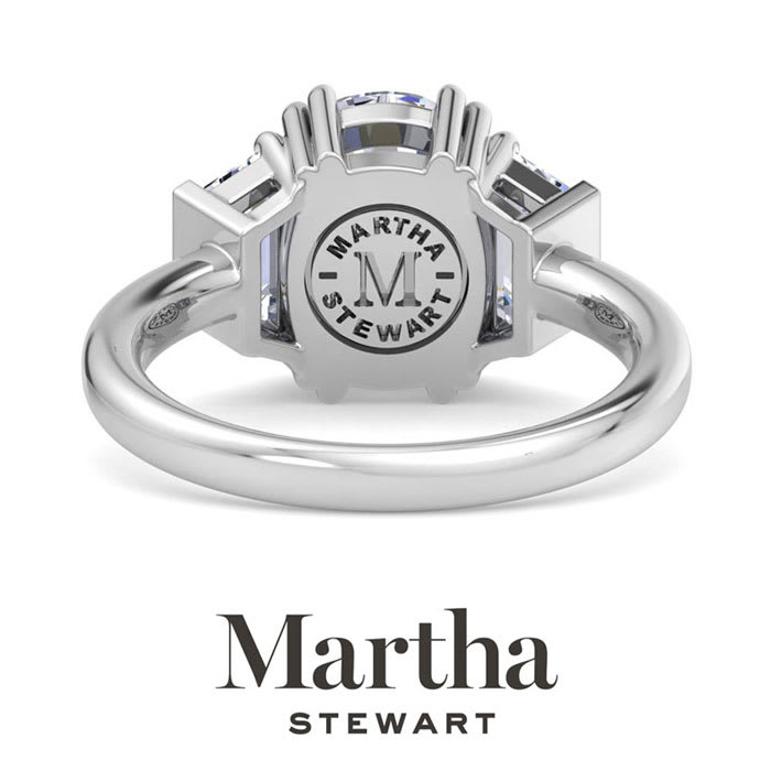 Martha Stewart 5 Carat Cushion Cut and Trapezoid Lab Grown Diamond Three Stone Engagement Ring In 14K White Gold
