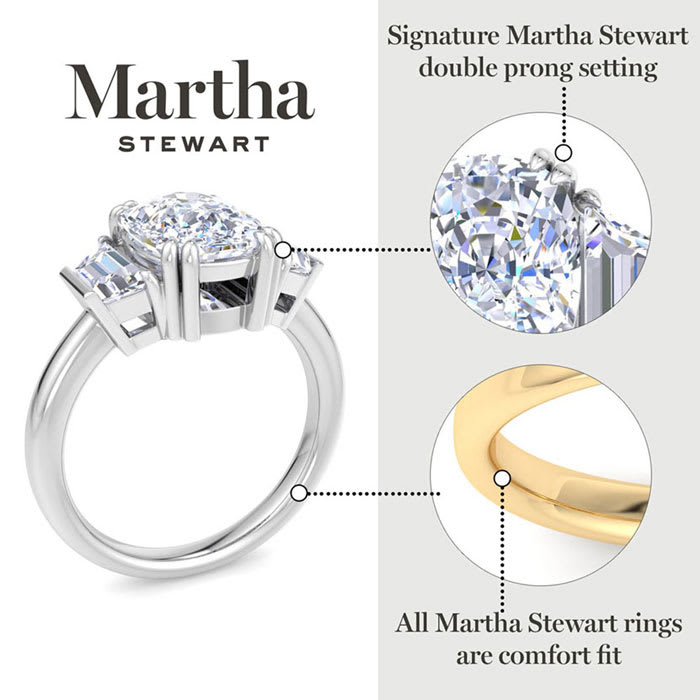 Martha Stewart 5 Carat Cushion Cut and Trapezoid Lab Grown Diamond Three Stone Engagement Ring In 14K White Gold