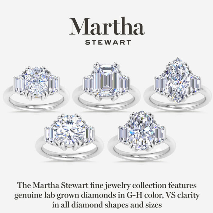 Martha Stewart 5 Carat Cushion Cut and Trapezoid Lab Grown Diamond Three Stone Engagement Ring In 14K White Gold